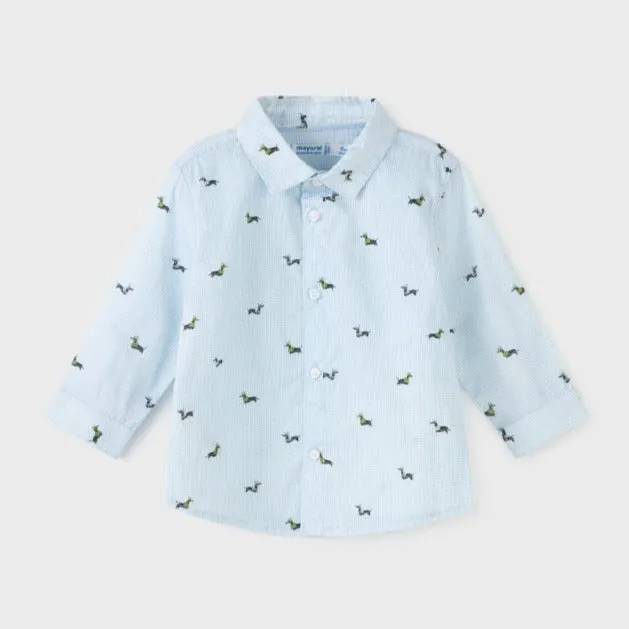 2147 Mayoral Boys Button Up Collared Shirt, Blue, Dachshund Wiener Dog