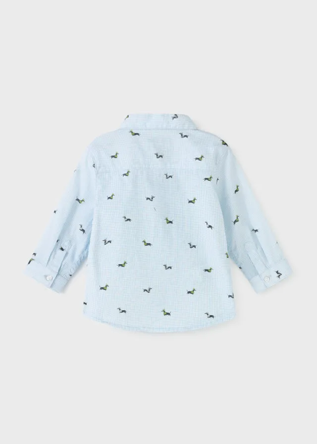 2147 Mayoral Boys Button Up Collared Shirt, Blue, Dachshund Wiener Dog