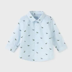 2147 Mayoral Boys Button Up Collared Shirt, Blue, Dachshund Wiener Dog