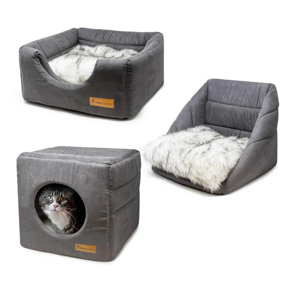 3-in-1 Dog / Cat Cube Bed - Grey