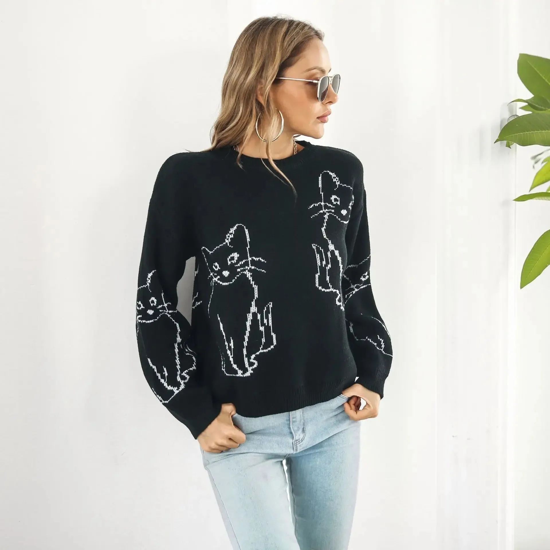 3Leaves Women's Cat Print Sweater