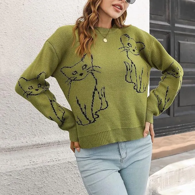 3Leaves Women's Cat Print Sweater