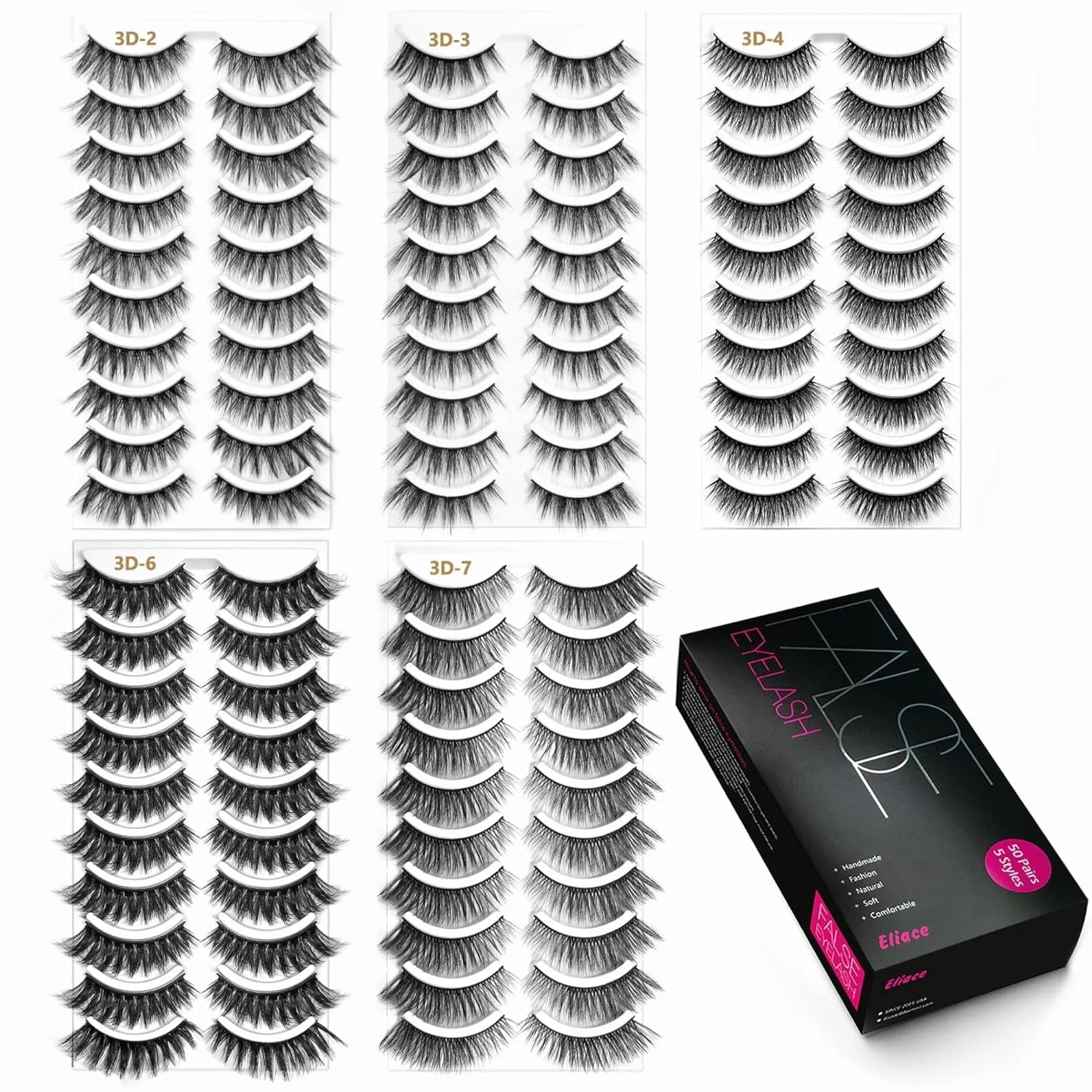 50 Pairs Luxurious Faux Mink Cat Eye Lashes - 5 Styles for Natural, Fluffy & Wispy Looks