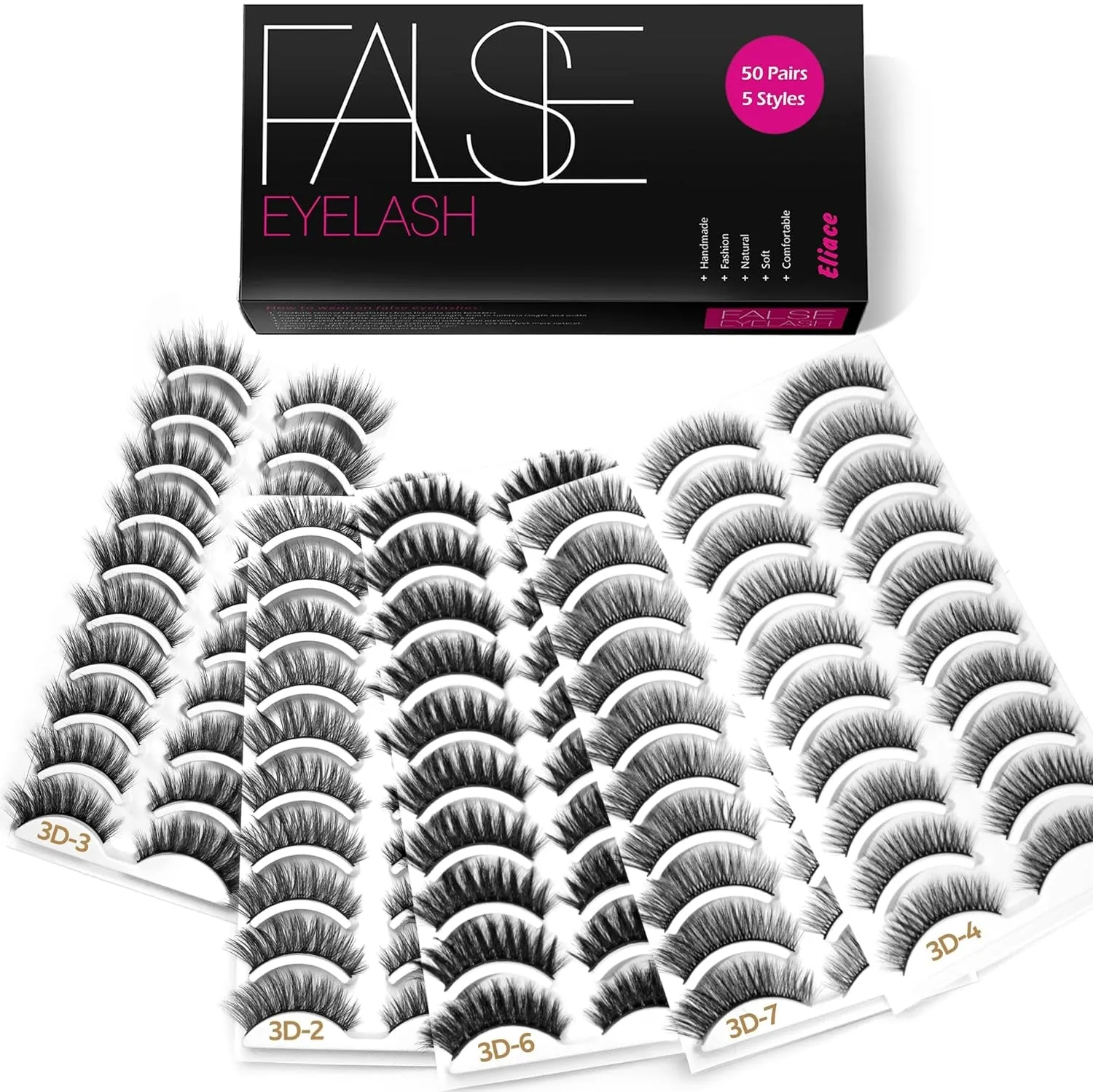 50 Pairs Luxurious Faux Mink Cat Eye Lashes - 5 Styles for Natural, Fluffy & Wispy Looks