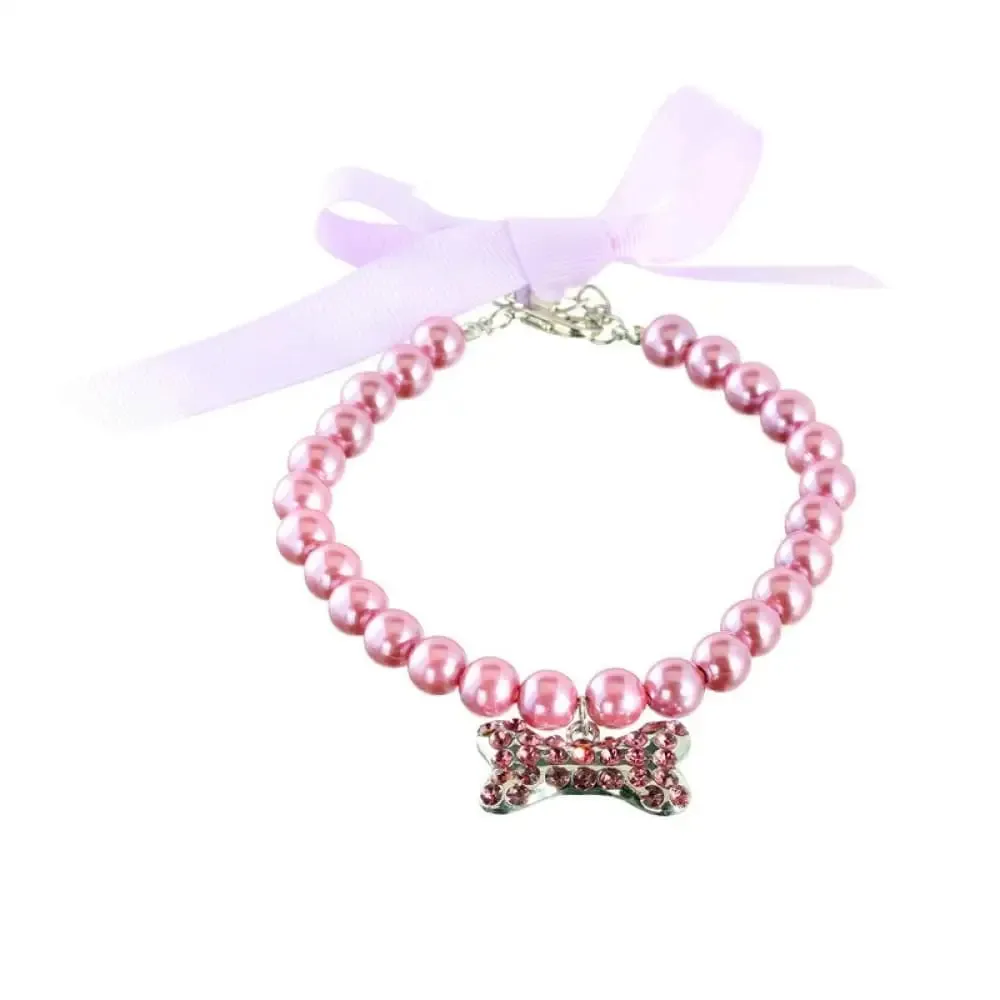 Adjustable Pearl Necklace with Bone Rhinestone Collar for Small Dog