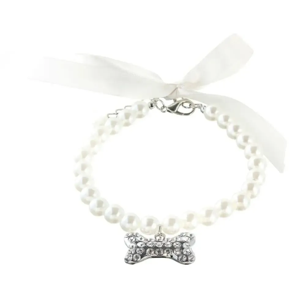 Adjustable Pearl Necklace with Bone Rhinestone Collar for Small Dog