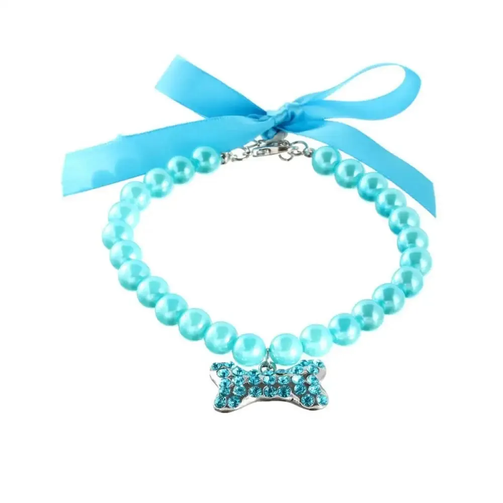 Adjustable Pearl Necklace with Bone Rhinestone Collar for Small Dog
