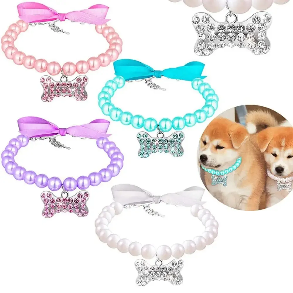 Adjustable Pearl Necklace with Bone Rhinestone Collar for Small Dog