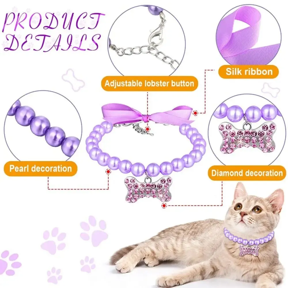 Adjustable Pearl Necklace with Bone Rhinestone Collar for Small Dog