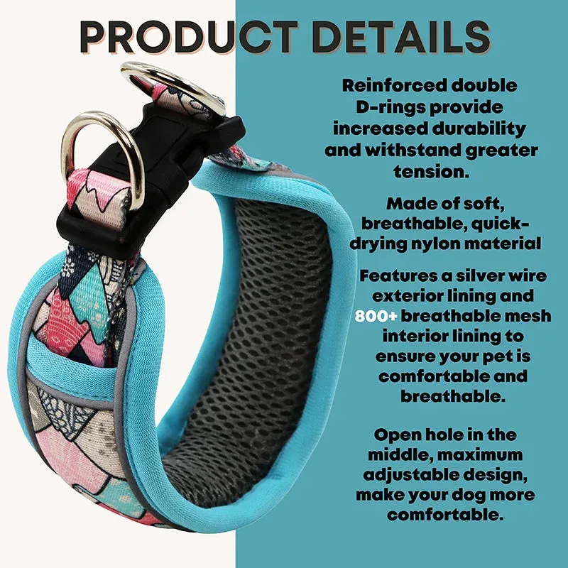 Fashionable Dog Collar Wide Neck Strong Breathable Dual d Rings Padded Printed Quick Release Buckle