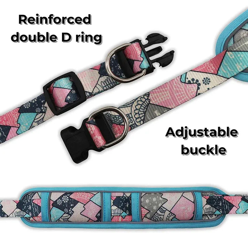 Fashionable Dog Collar Wide Neck Strong Breathable Dual d Rings Padded Printed Quick Release Buckle