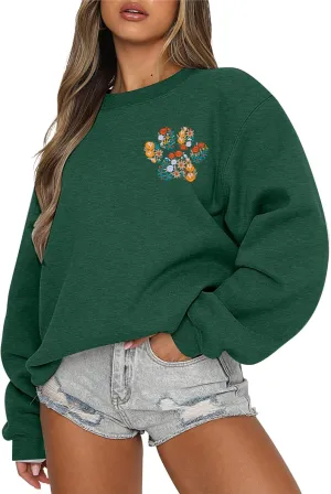 HEBBE Dog Mom Sweatshirt For Women - Floral Paw Embroidered Pullover Top - Oversized Sweater