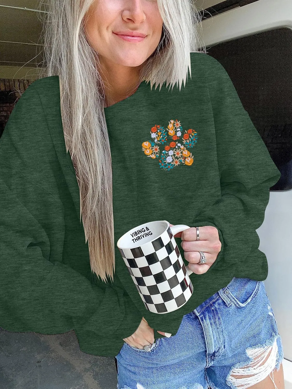 HEBBE Dog Mom Sweatshirt For Women - Floral Paw Embroidered Pullover Top - Oversized Sweater