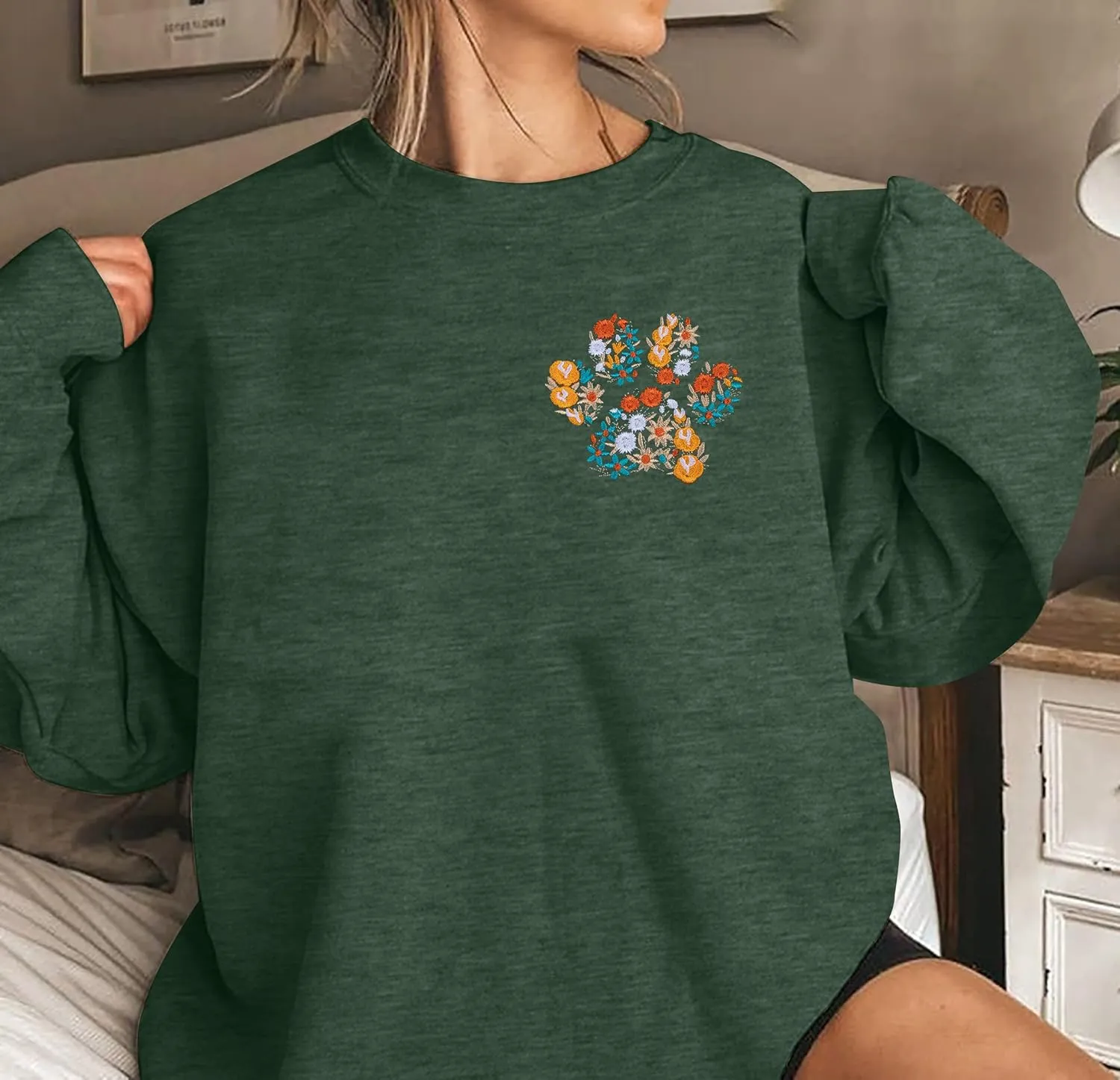 HEBBE Dog Mom Sweatshirt For Women - Floral Paw Embroidered Pullover Top - Oversized Sweater