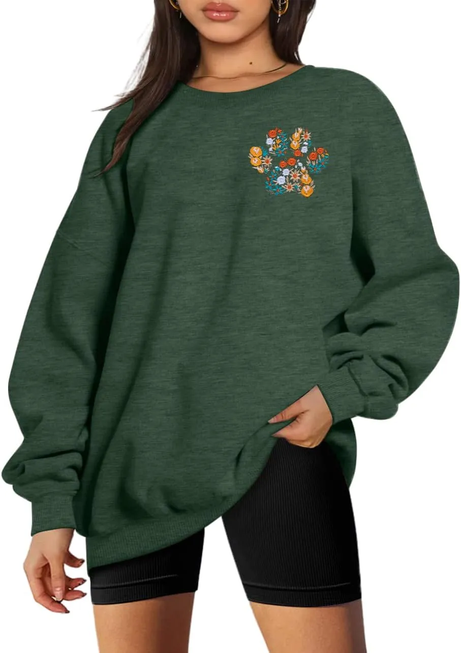 HEBBE Dog Mom Sweatshirt For Women - Floral Paw Embroidered Pullover Top - Oversized Sweater