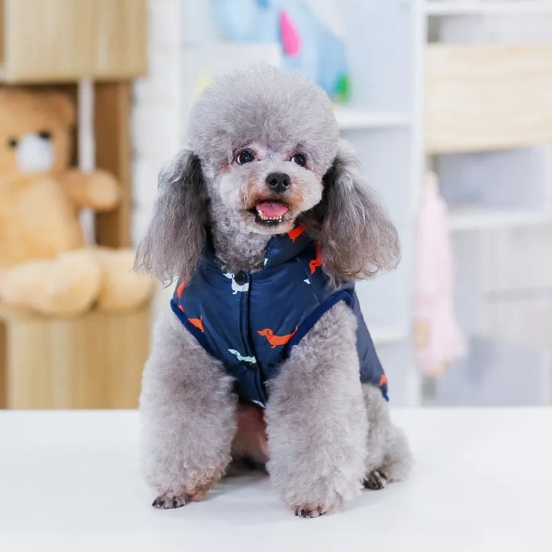Pet Dog Down Jacket Vest - Dachshund Print Navy Fleece Puffer Coat.
