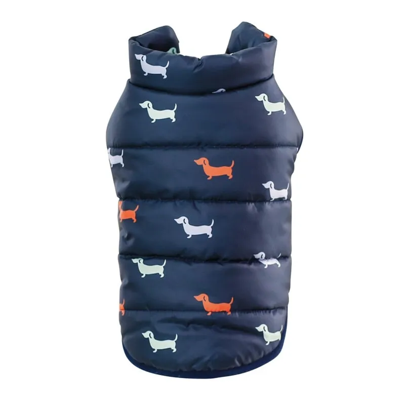 Pet Dog Down Jacket Vest - Dachshund Print Navy Fleece Puffer Coat.