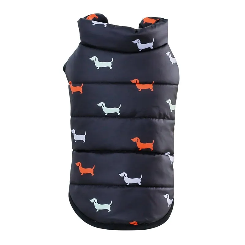 Pet Dog Down Jacket Vest - Dachshund Print Navy Fleece Puffer Coat.