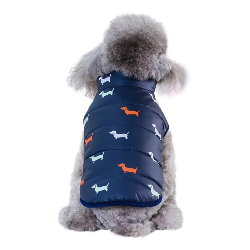 Pet Dog Down Jacket Vest - Dachshund Print Navy Fleece Puffer Coat.