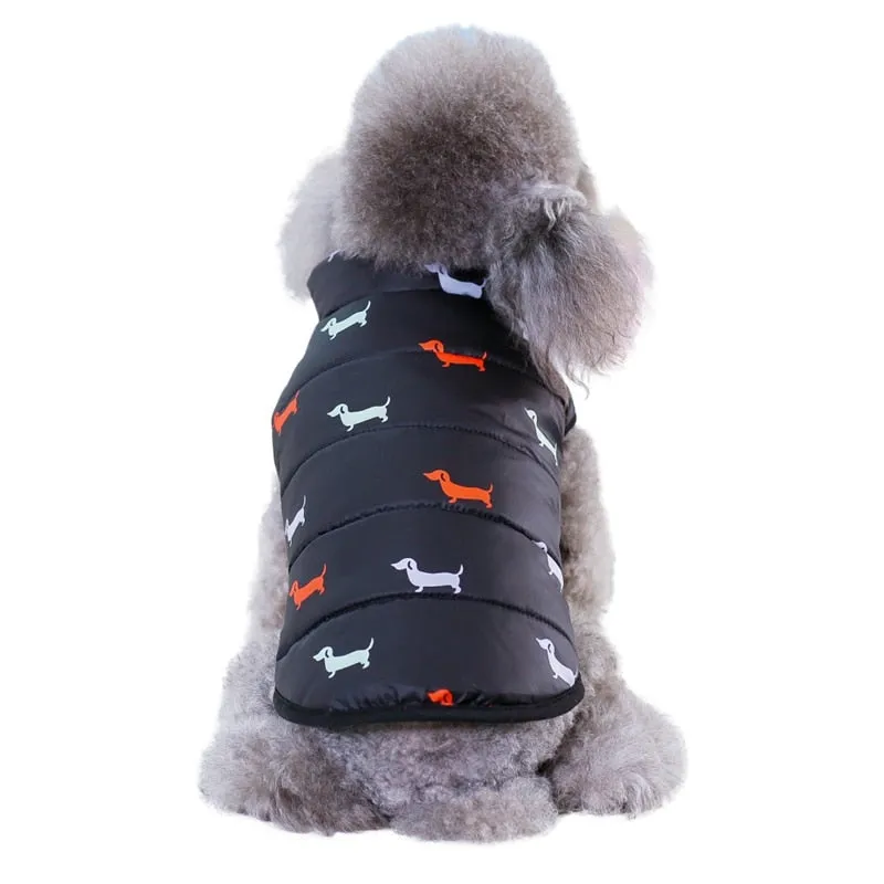 Pet Dog Down Jacket Vest - Dachshund Print Navy Fleece Puffer Coat.