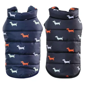 Pet Dog Down Jacket Vest - Dachshund Print Navy Fleece Puffer Coat.